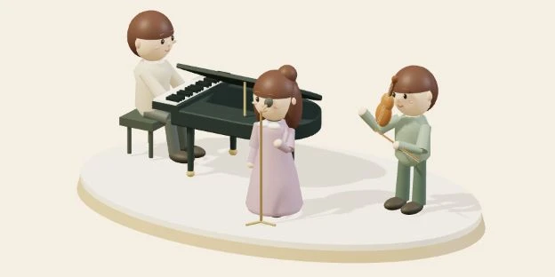 Gamayng ivory nga orchestra: pianist nga nagtakilid, singer ug violinist